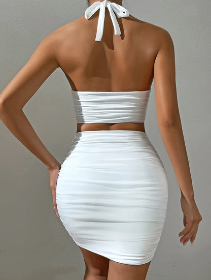 White Sexy Halter Neck Sleeveless Backless Two Piece Set Strapless Pleated Slim Bodycon