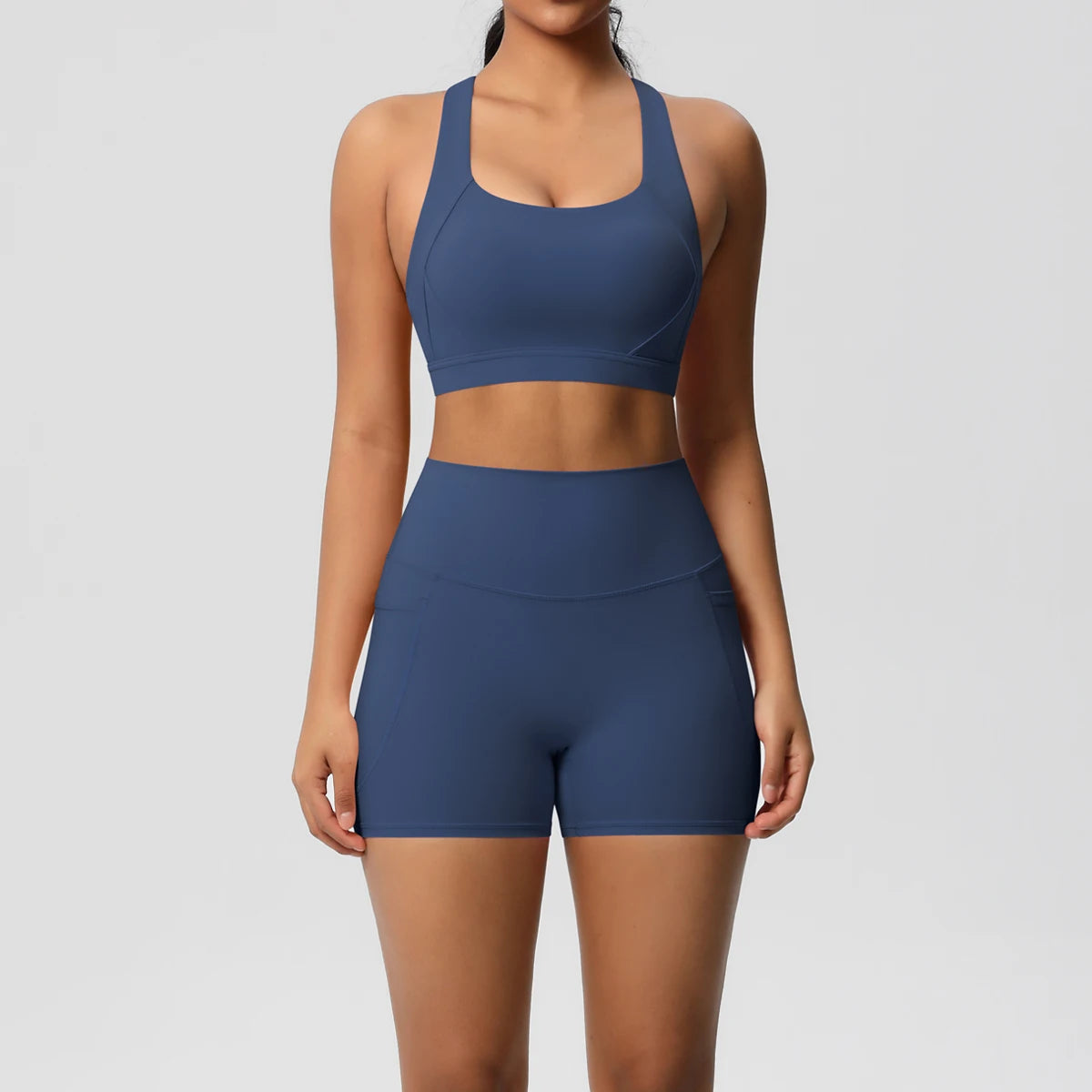 2PCS With Pocketed Set Gym Sports Shorts Crossover Bra Gym Leggings