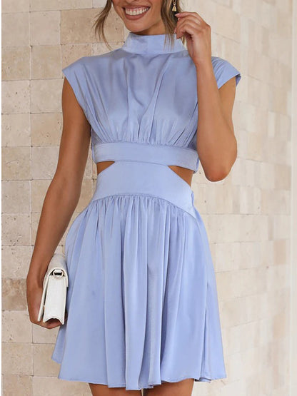 Summer Casual Dress Stand Collar  Cutout Pleated