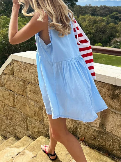 Sleeveless Floral Print Mini Dress with Deep V Neckline and Eyelet Detailing