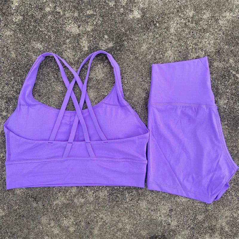 Yoga Set 2 Piece Cross Back Bra Top High Waist Shorts