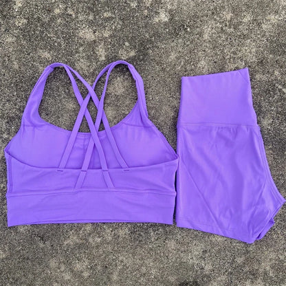 Yoga Set 2 Piece Cross Back Bra Top High Waist Shorts
