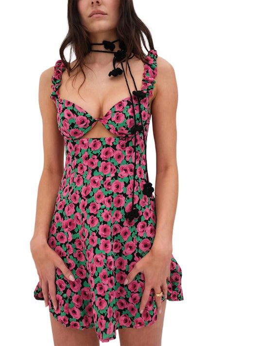Mini Dress Sleeveless Sweetheart Neck Cutout Floral Print A-Line Dress Short Tank Dress