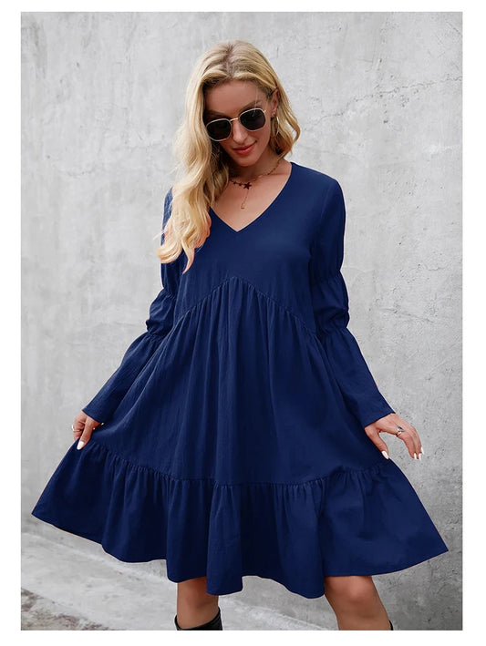 Casual Long Sleeve Dresses V Neck Loose Flowing Dress